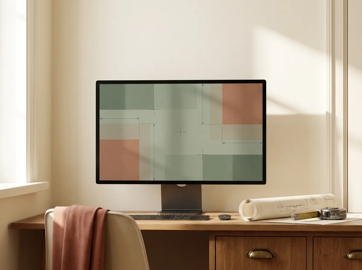 A wallpaper design laid out to scale on screen with dimensions and panel joins marked, beside a printed proof sheet